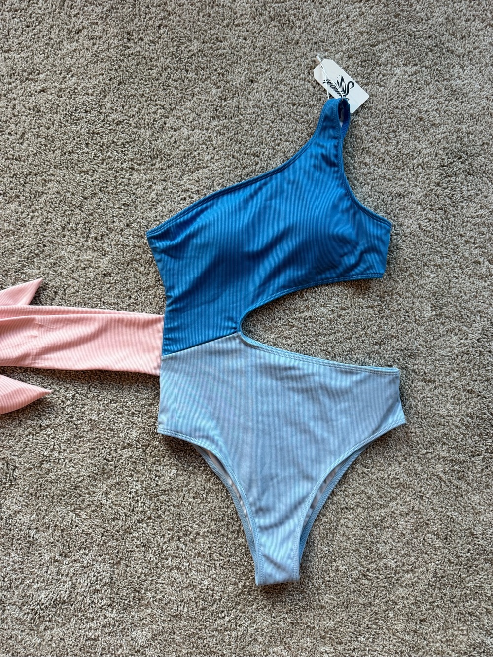 Womens Ribbed One-Shoulder Bikini Cutout High-Waist Tie Belt Swimsuit Size Large - Picture 8 of 8